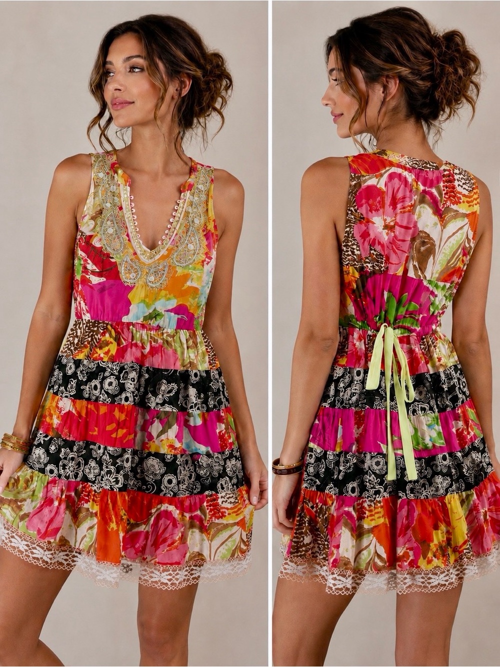 Free people rare Vibrant Floral Tiered Sleeveless Dress - patchwork Multicolor